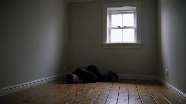 Person lying on wooden floor. Empty room with single window. Body curled in corner near window. Dim light creates dark shadow across floor. Sparse interior and closed window amplify deep isolation.