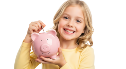 A young girl with blond curly hair is putting a coin into a pink piggy bank, showing the concept of saving money.