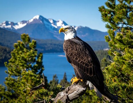 Majestic bald eagle perched on branch with mountain and lake backdrop