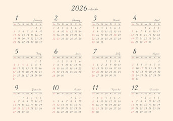 2026年_年間カレンダー_レトロ ヨコ型