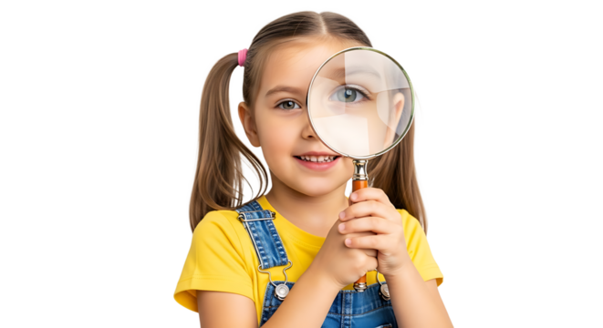 Young explorer, wide-eyed and curious, investigates the world through a magnifying glass with a playful smile.
