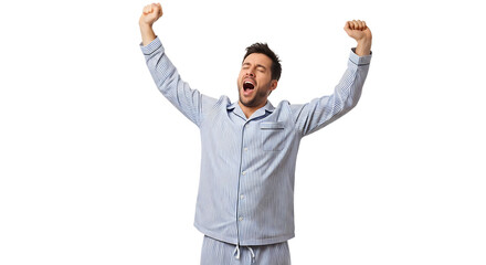 Man in pajamas stretching and yawning after waking up from a restful sleep, feeling refreshed and ready to start the day.