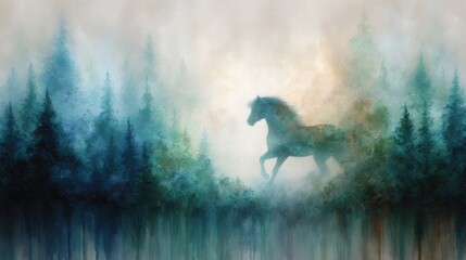 A mystical horse emerges from a foggy forest, surrounded by ethereal colors and soft light, perfect for fantasy-themed projects, book covers, or inspirational quotes,
