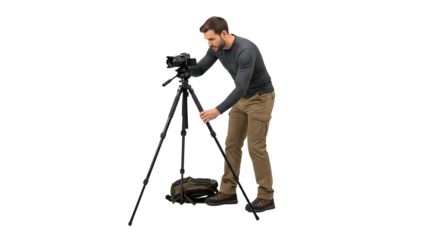 A focused photographer adjusts his tripod, ready to capture the perfect shot with his camera and bag on the ground.