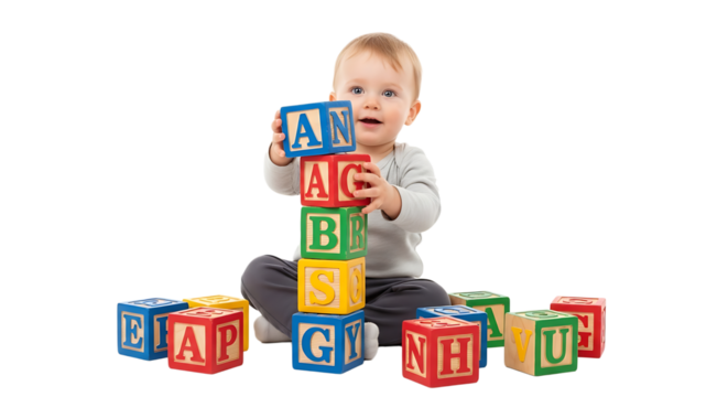 A cute baby is cross-legged on the floor with blocks and playing with the blocks that have letters and different colors.