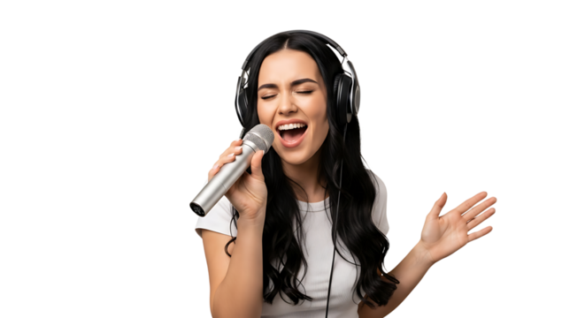 Captivating vocalist in headphones passionately sings into a mic, creating an emotional musical performance. 