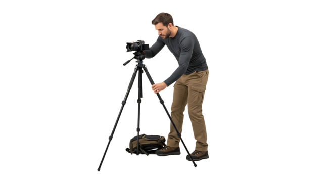 A focused photographer adjusts his tripod, ready to capture the perfect shot with his camera and bag on the ground.
