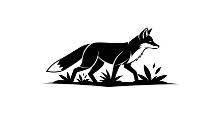Fototapeta premium Black silhouette of a walking fox with grass elements against white