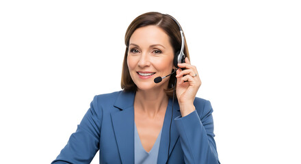 Smiling customer service representative with a headset on, standing against a black backdrop, ready to assist.