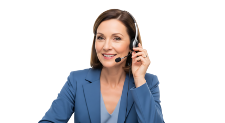 Smiling customer service representative with a headset on, standing against a black backdrop, ready to assist.