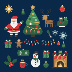 Christmas Vector Set with Santa Claus, Tree, Reindeer, Gifts, Snowman, and Fireplace – Festive Holiday Elements