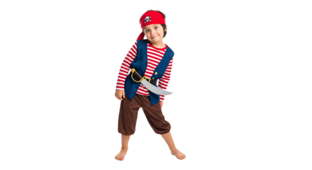 A cute kid in a pirate costume with a red bandana and a sword is ready for Halloween, standing on a black background.