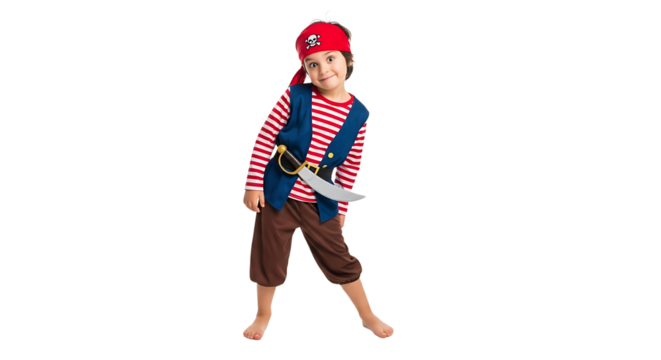 A cute kid in a pirate costume with a red bandana and a sword is ready for Halloween, standing on a black background. - Powered by Adobe