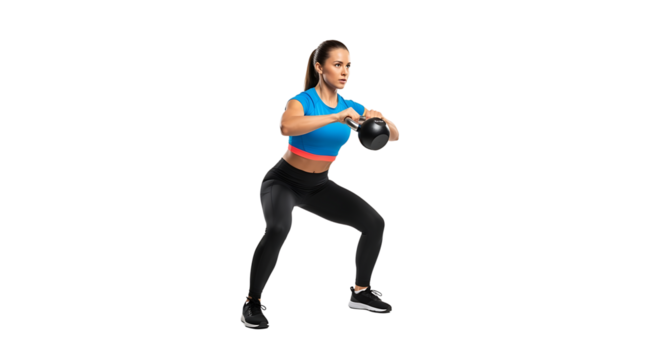 A woman engages in a kettlebell workout, squatting while holding the weight, strength and body sculpting in action. 