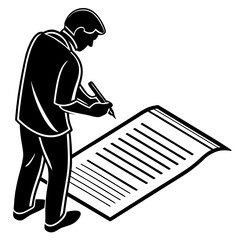 Man in silhouette writing on a large paper