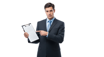 Confident businessman presents a document on a clipboard, highlighting key points with a focused gaze on a dark backdrop.