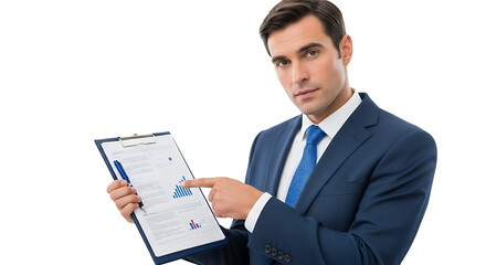Confident professional presents analytical business data, emphasizing crucial insights on a clipboard with charts and graphs.