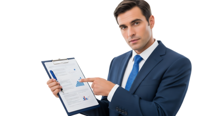 Confident professional presents analytical business data, emphasizing crucial insights on a clipboard with charts and graphs.