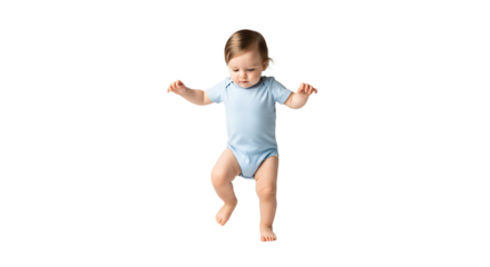 Infant in a light blue bodysuit takes tentative steps, arms outstretched for balance, on a black backdrop. 