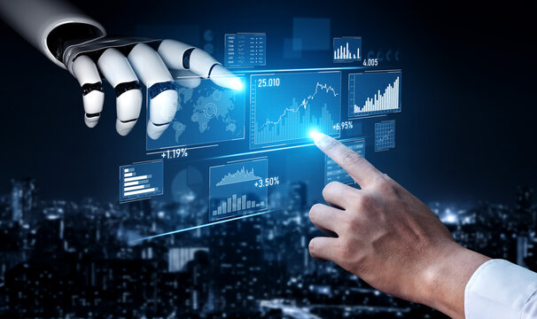 A striking image of a human hand reaching out to a robotic arm, both interacting with digital data displays, visualizing graphs and analytics in a modern city backdrop. Scalp - Powered by Adobe