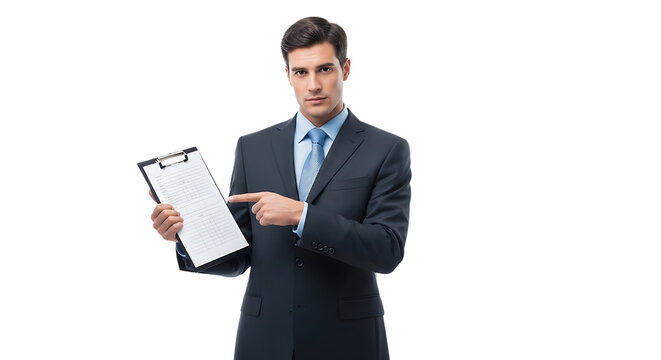 Confident businessman presents a document on a clipboard, highlighting key points with a focused gaze on a dark backdrop. - Powered by Adobe