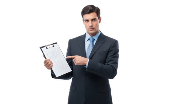 Confident businessman presents a document on a clipboard, highlighting key points with a focused gaze on a dark backdrop.