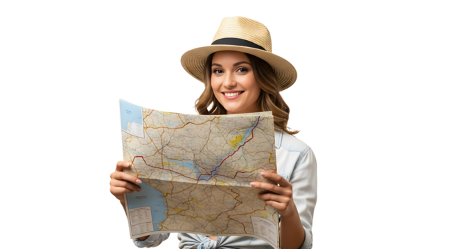 An explorer smiles while holding a detailed map, ready for an adventure. The sunlight reflects off her straw hat.