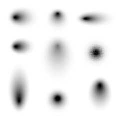 Vector round halftone gradient textures. Set of halftone dots pattern. Dotted spots in circle silhuettes on white background.