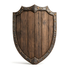 Old wooden medieval shield with metal border and brass rivets