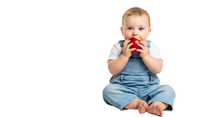 Adorable baby in denim overalls sits cross-legged, happily biting into a big red apple, enjoying a healthy snack time.