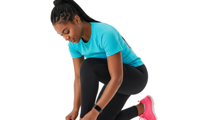 A woman kneeling and tying her laces, wearing a blue top, black leggings and pink shoes, ready to start her exercise routine.
