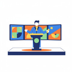 Flat vector illustration of a security professional monitoring multiple screens for CCTV or surveillance footage.