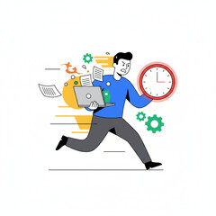 Flat vector illustration of a businessman running with a stopwatch, symbolizing meeting a tight deadline or fast delivery