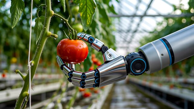 Robot hand harvesting ripe tomato in smart greenhouse with modern agricultural technology
