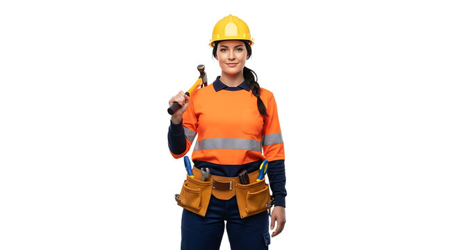Confident female construction worker with a tool belt. She is wearing a hard hat and reflective orange shirt.