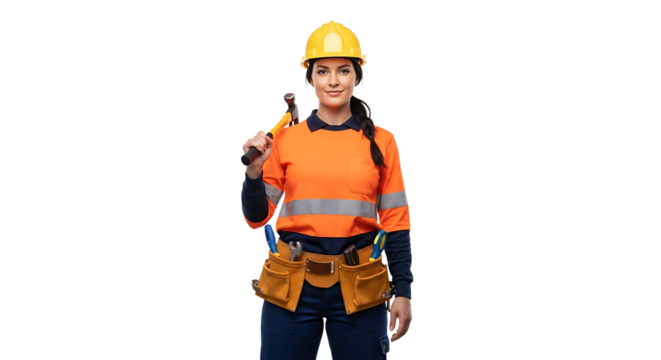 Confident female construction worker with a tool belt. She is wearing a hard hat and reflective orange shirt. - Powered by Adobe