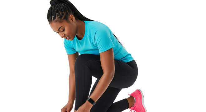 A woman kneeling and tying her laces, wearing a blue top, black leggings and pink shoes, ready to start her exercise routine.