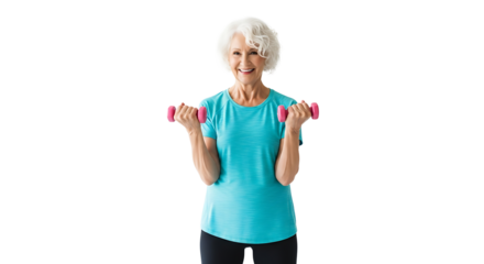 A smiling, active senior woman lifts small, pink dumbbells, her white hair complementing her fitness attire.