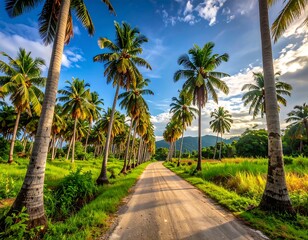 Fototapeta premium Tropical road lined with tall palm trees under a vibrant sky