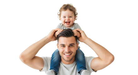 A loving father carries his happy toddler on his shoulders, sharing laughter and creating joyful memories together.