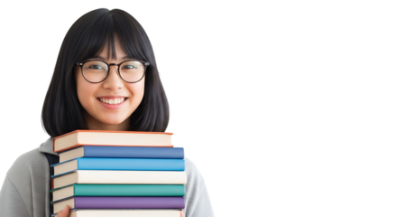 Smiling student with glasses holding a stack of books; education and knowledge are the foundation for a bright future.