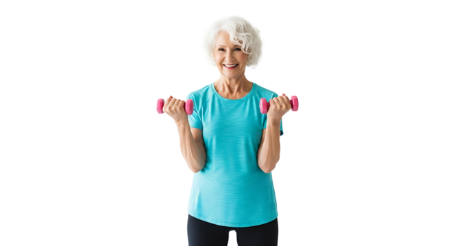 A smiling, active senior woman lifts small, pink dumbbells, her white hair complementing her fitness attire. 