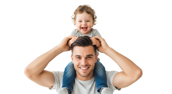 A loving father carries his happy toddler on his shoulders, sharing laughter and creating joyful memories together. - Powered by Adobe