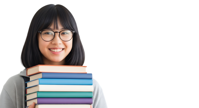 Smiling student with glasses holding a stack of books; education and knowledge are the foundation for a bright future. - Powered by Adobe