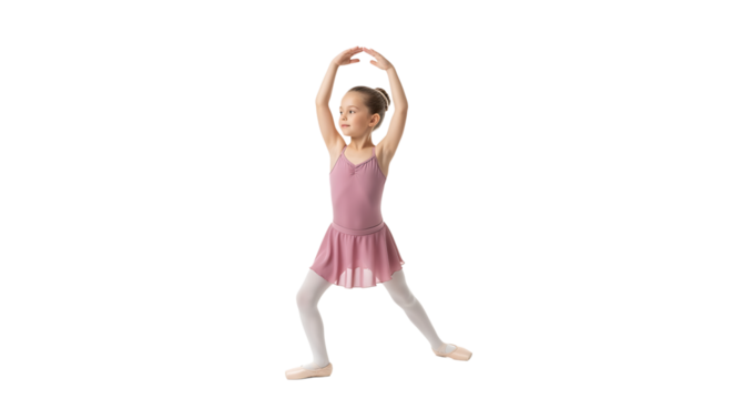A young ballet dancer in a pink leotard and tights practices ballet, extending her arms above her head in a graceful pose. - Powered by Adobe