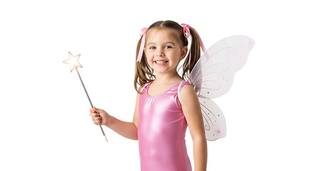 A cute girl in a pink fairy costume with butterfly wings and pigtails, holding a magic wand, smiling happily.