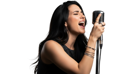 Passionate woman singing into an vintage microphone with intensity, showcasing her musical talent on a black background.