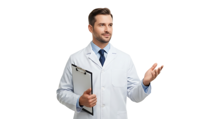 Smiling healthcare professional in a lab coat holds clipboard while explaining treatment options to his patients.