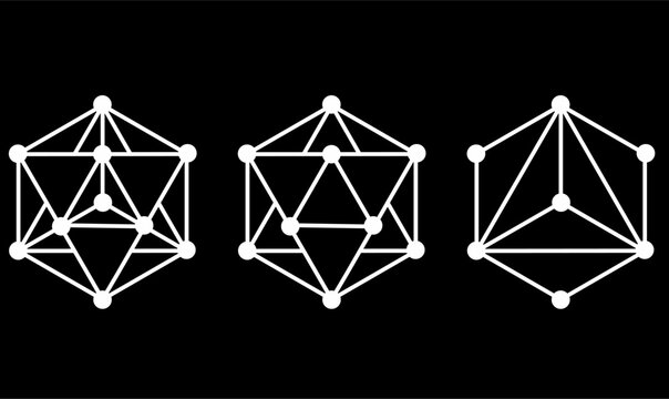 set of Metatron Cube or merkaba symbol with line white isolated black background.