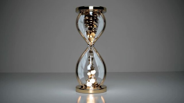 Gold coins inside hourglass drop like sand. Glass object shows countdown flow, clock measure clear. Coins move with time, flow repeats sand style. Precision captures wealth inside glass.